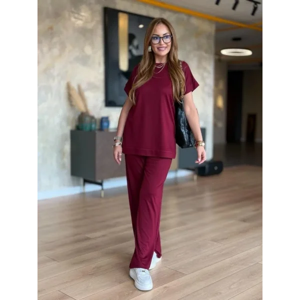 Kadın Kısa Kollu Bisiklet Yaka Viskon Iki Iplik Bluz Ve Pantolon Ikili Takım