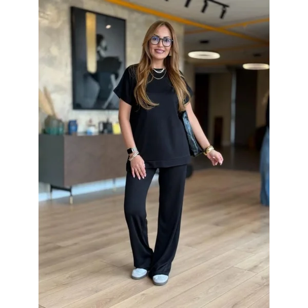 Kadın Kısa Kollu Bisiklet Yaka Viskon Iki Iplik Bluz Ve Pantolon Ikili Takım