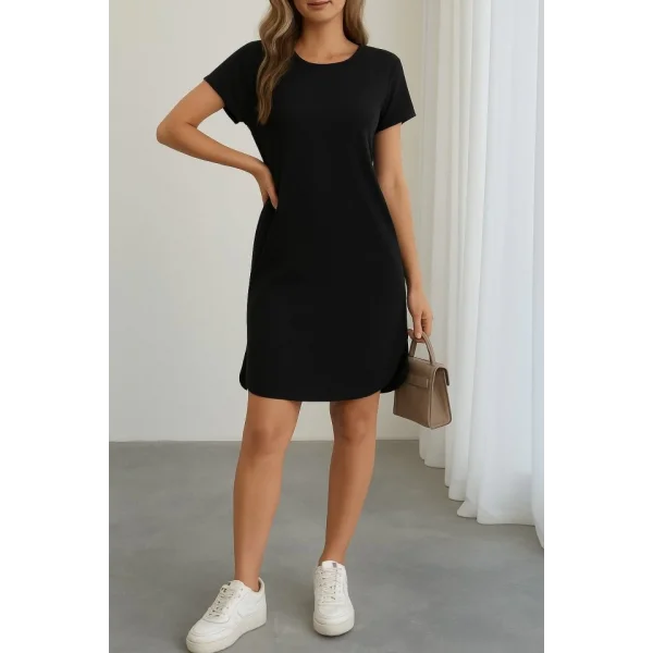 Kadın Kısa Kollu Bisiklet Yaka Viskon Iki Iplik Elbise
