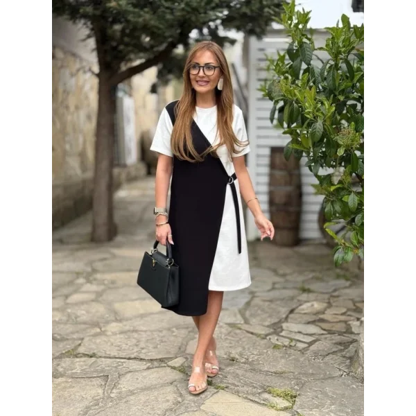 Kadın Kısa Kollu Bisiklet Yaka Yandan Bağcıklı Modal çift Renkli Modal Elbise