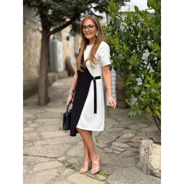 Kadın Kısa Kollu Bisiklet Yaka Yandan Bağcıklı Modal çift Renkli Modal Elbise