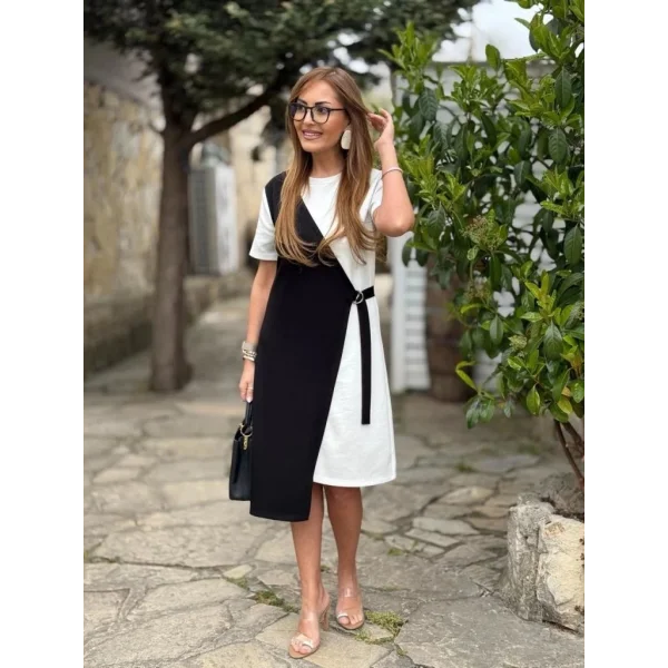 Kadın Kısa Kollu Bisiklet Yaka Yandan Bağcıklı Modal çift Renkli Modal Elbise