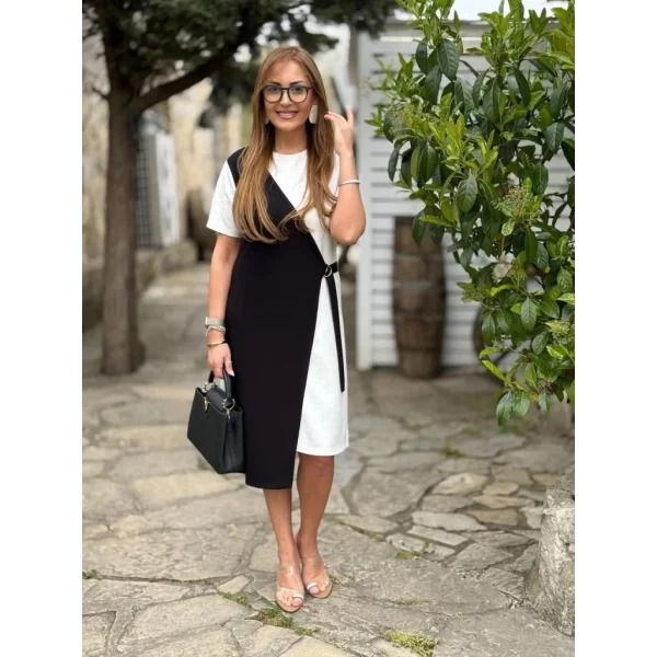 Kadın Kısa Kollu Bisiklet Yaka Yandan Bağcıklı Modal çift Renkli Modal Elbise