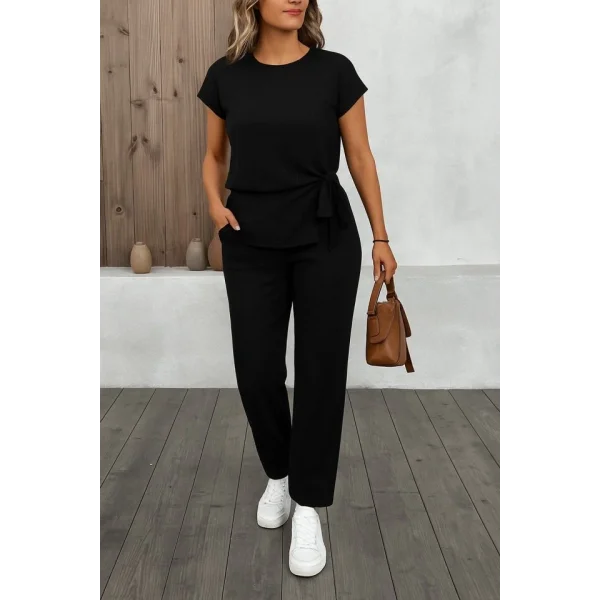 Kadın Kısa Kollu Bisiklet Yaka Yandan Bağlamalı Bürümcük Bluz Ve Pantolon Ikili Takım