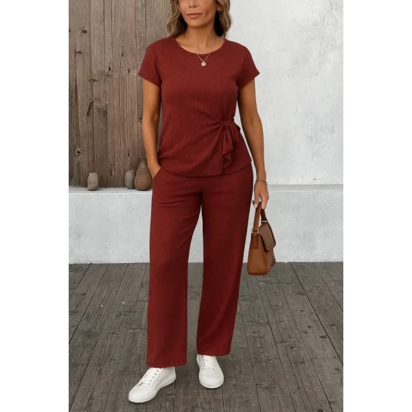 Kadın Kısa Kollu Bisiklet Yaka Yandan Bağlamalı Bürümcük Bluz Ve Pantolon Ikili Takım