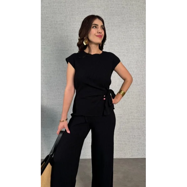 Kadın Kısa Kollu Bisiklet Yaka Yandan Bağlamalı Bürümcük Bluz Ve Pantolon Ikili Takım