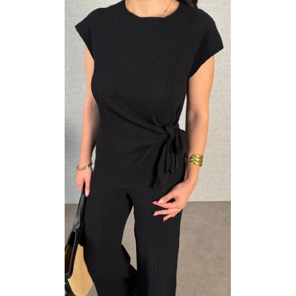 Kadın Kısa Kollu Bisiklet Yaka Yandan Bağlamalı Bürümcük Bluz Ve Pantolon Ikili Takım