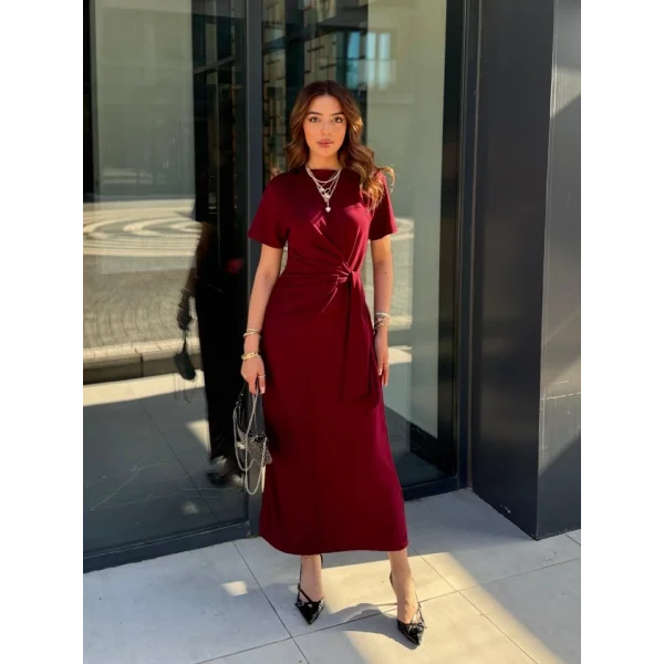 Kadın Kısa Kollu Bisiklet Yaka Yandan Bağlamalı Viskon Iki Iplik Elbise