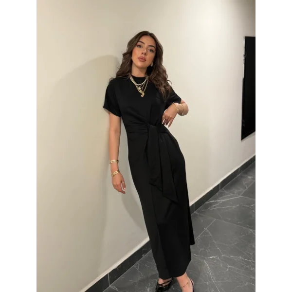 Kadın Kısa Kollu Bisiklet Yaka Yandan Bağlamalı Viskon Iki Iplik Elbise