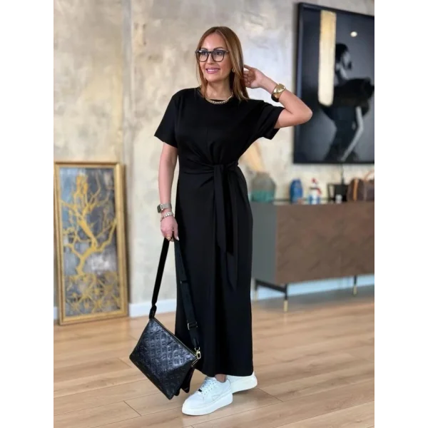 Kadın Kısa Kollu Bisiklet Yaka Yandan Bağlamalı Viskon Iki Iplik Elbise