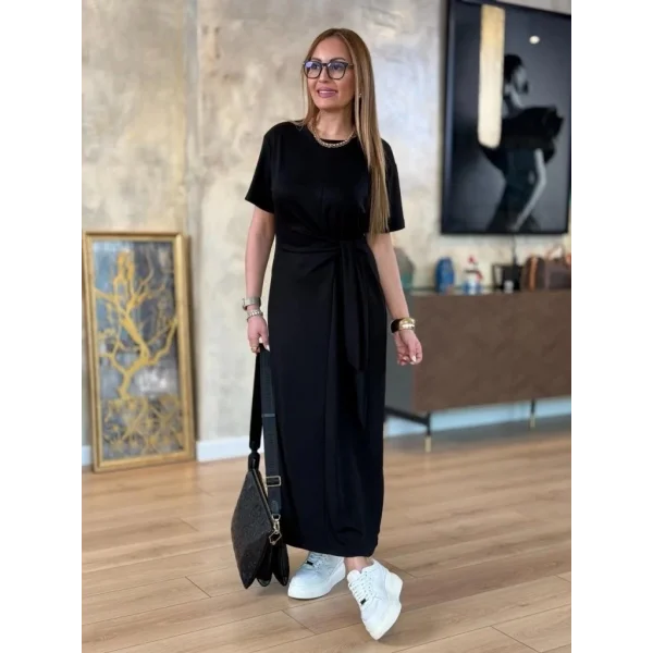 Kadın Kısa Kollu Bisiklet Yaka Yandan Bağlamalı Viskon Iki Iplik Elbise