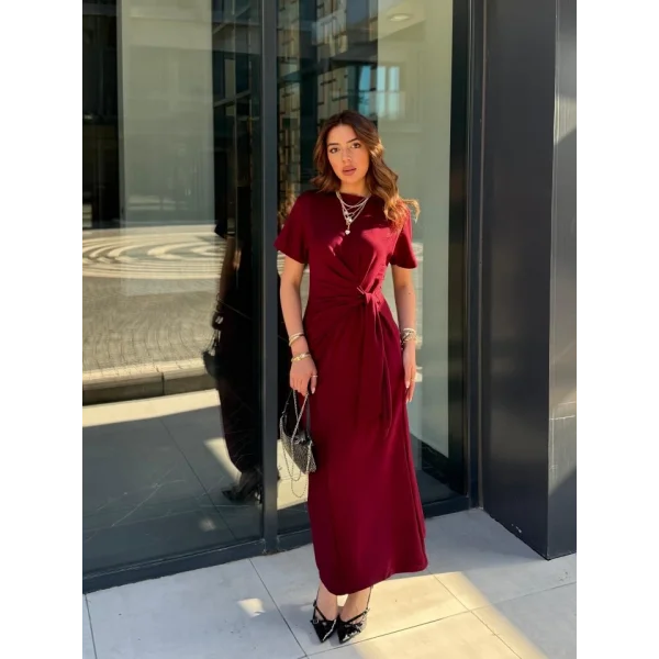 Kadın Kısa Kollu Bisiklet Yaka Yandan Bağlamalı Viskon Iki Iplik Elbise