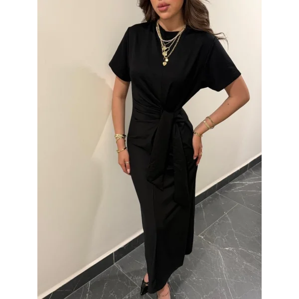 Kadın Kısa Kollu Bisiklet Yaka Yandan Bağlamalı Viskon Iki Iplik Elbise