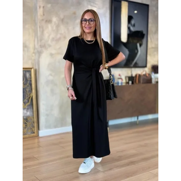 Kadın Kısa Kollu Bisiklet Yaka Yandan Bağlamalı Viskon Iki Iplik Elbise