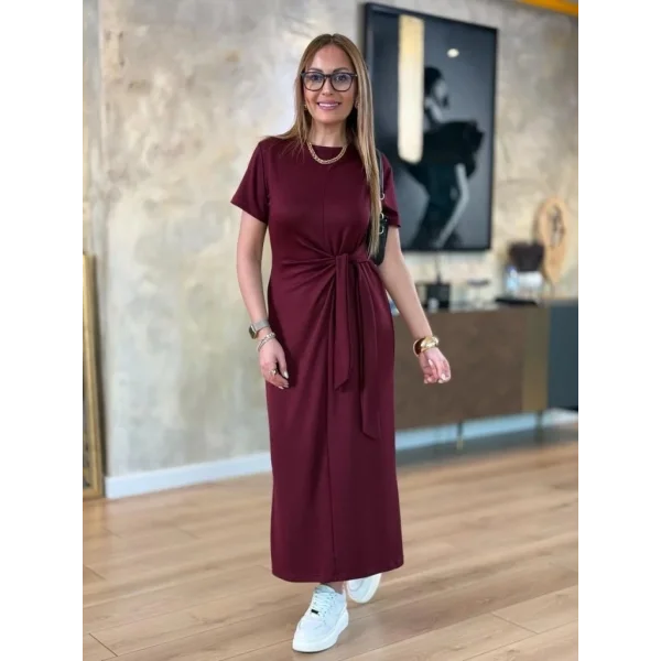 Kadın Kısa Kollu Bisiklet Yaka Yandan Bağlamalı Viskon Iki Iplik Elbise