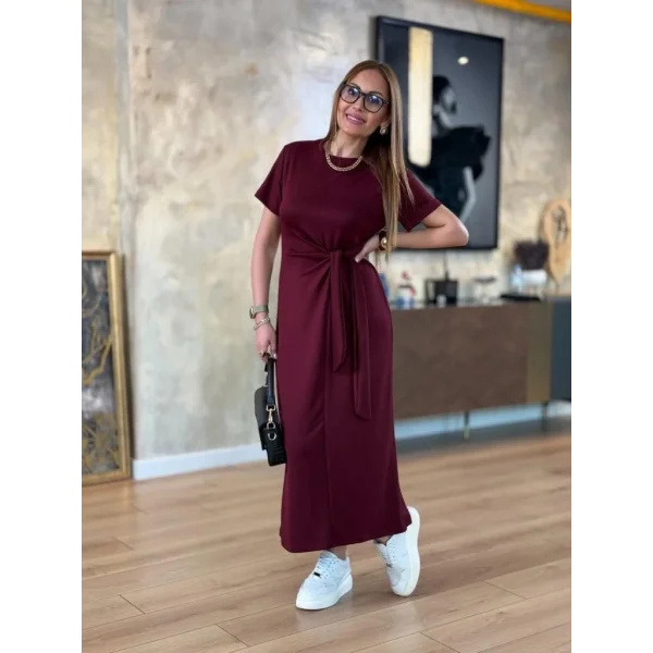 Kadın Kısa Kollu Bisiklet Yaka Yandan Bağlamalı Viskon Iki Iplik Elbise