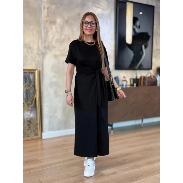 Kadın Kısa Kollu Bisiklet Yaka Yandan Bağlamalı Viskon Iki Iplik Elbise