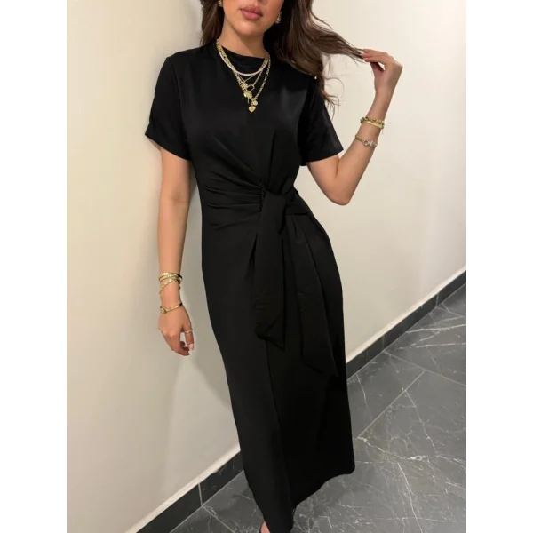 Kadın Kısa Kollu Bisiklet Yaka Yandan Bağlamalı Viskon Iki Iplik Elbise