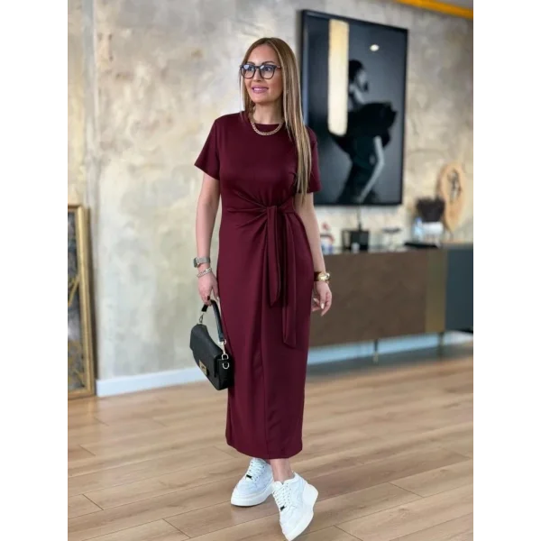 Kadın Kısa Kollu Bisiklet Yaka Yandan Bağlamalı Viskon Iki Iplik Elbise