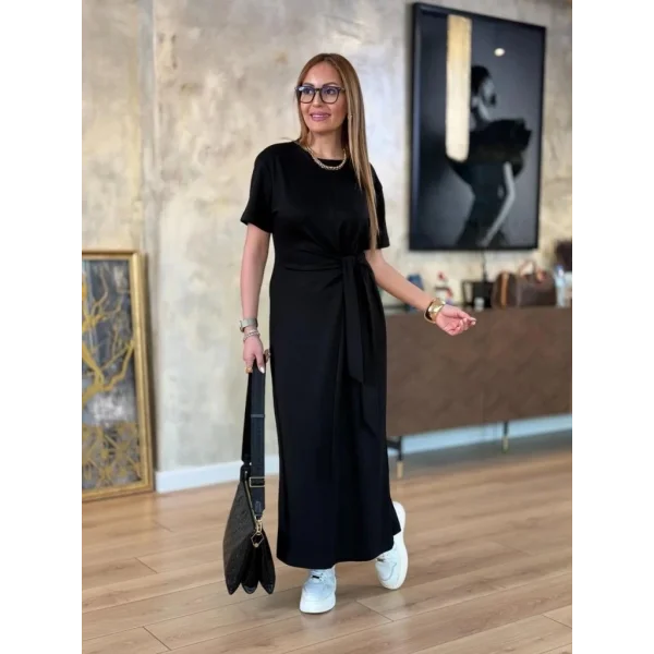 Kadın Kısa Kollu Bisiklet Yaka Yandan Bağlamalı Viskon Iki Iplik Elbise