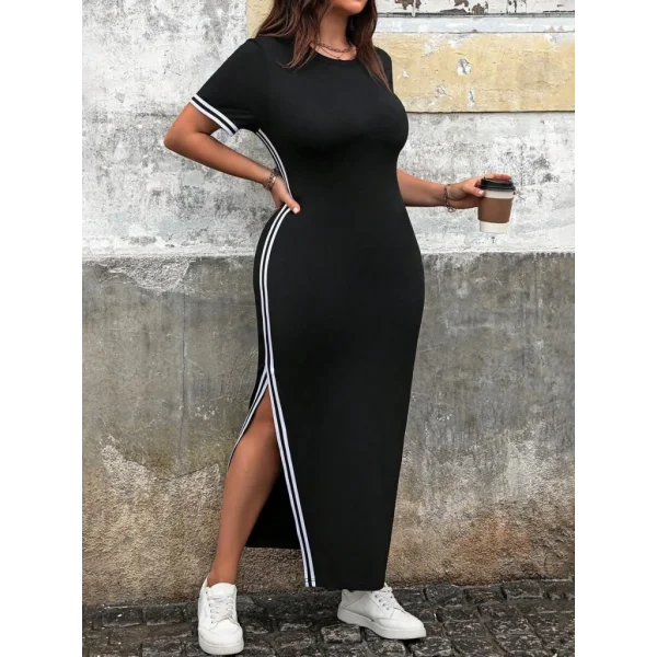 Kadın Kısa Kollu Bisiklet Yaka Yandan şerit Ve Yırtmaçlı Viskon Iki Iplik Elbise