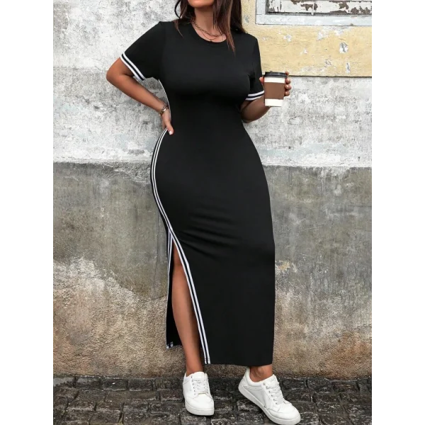 Kadın Kısa Kollu Bisiklet Yaka Yandan şerit Ve Yırtmaçlı Viskon Iki Iplik Elbise