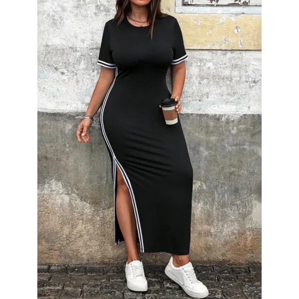 Kadın Kısa Kollu Bisiklet Yaka Yandan şerit Ve Yırtmaçlı Viskon Iki Iplik Elbise