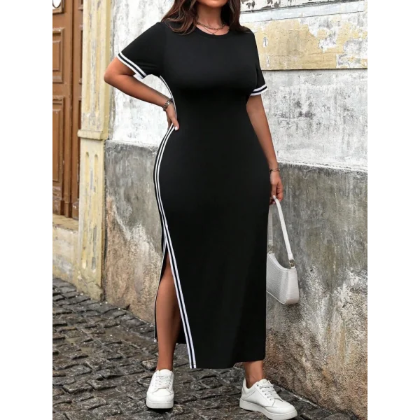 Kadın Kısa Kollu Bisiklet Yaka Yandan şerit Ve Yırtmaçlı Viskon Iki Iplik Elbise