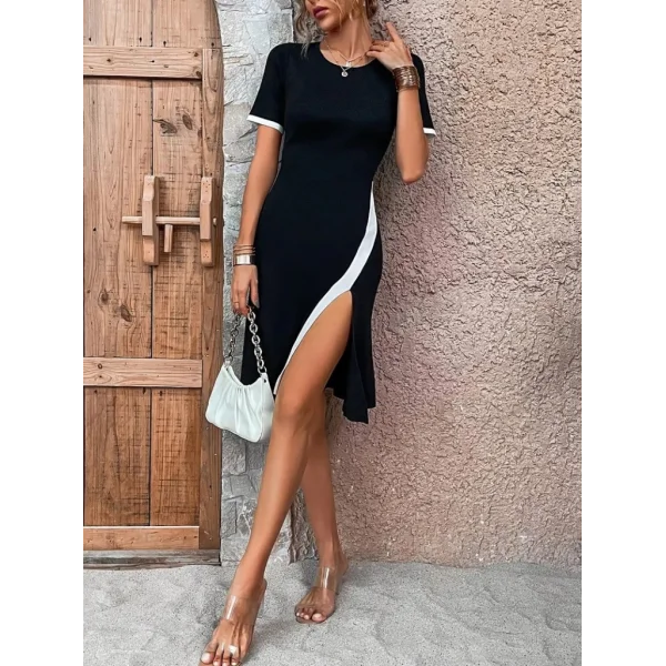 Kadın Kısa Kollu Bisiklet Yaka Yandan Yırtmaçlı Renkli şerit Detay Janjan Krep Elbise