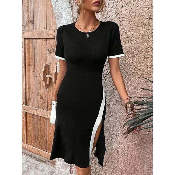 Kadın Kısa Kollu Bisiklet Yaka Yandan Yırtmaçlı Renkli şerit Detay Janjan Krep Elbise