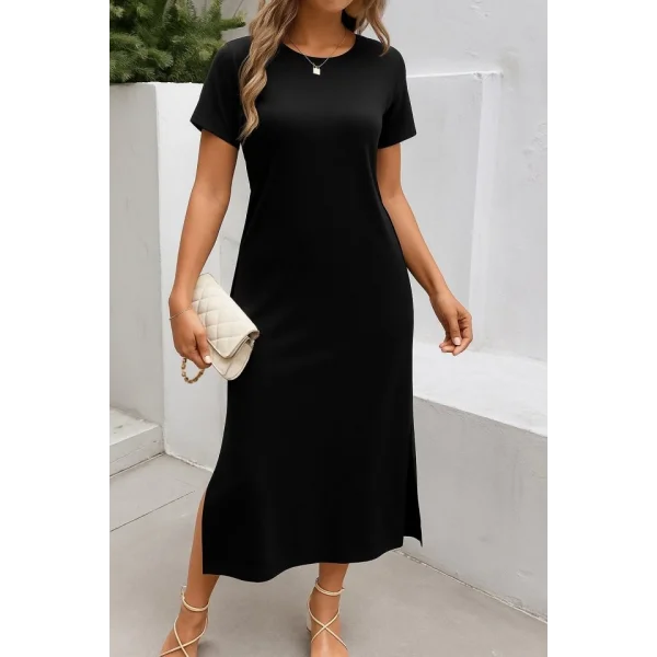 Kadın Kısa Kollu Bisiklet Yaka Yandan Yırtmaçlı Viskon Elbise