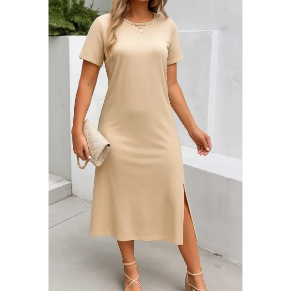 Kadın Kısa Kollu Bisiklet Yaka Yandan Yırtmaçlı Viskon Elbise