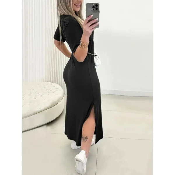 Kadın Kısa Kollu Bisiklet Yaka Yandan Yırtmaçlı Viskon Elbise