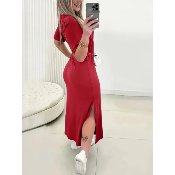 Kadın Kısa Kollu Bisiklet Yaka Yandan Yırtmaçlı Viskon Elbise