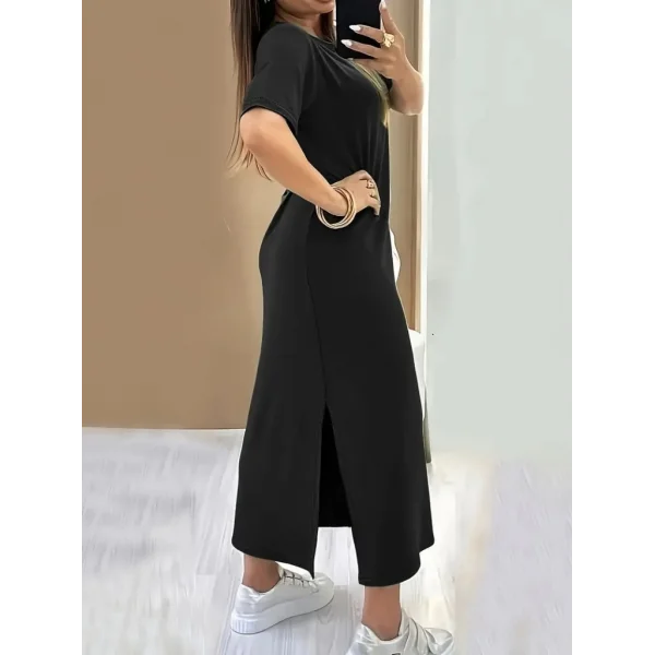 Kadın Kısa Kollu Bisiklet Yaka Yandan Yırtmaçlı Viskon Elbise