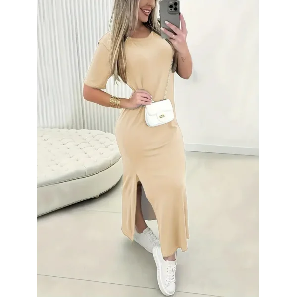 Kadın Kısa Kollu Bisiklet Yaka Yandan Yırtmaçlı Viskon Elbise