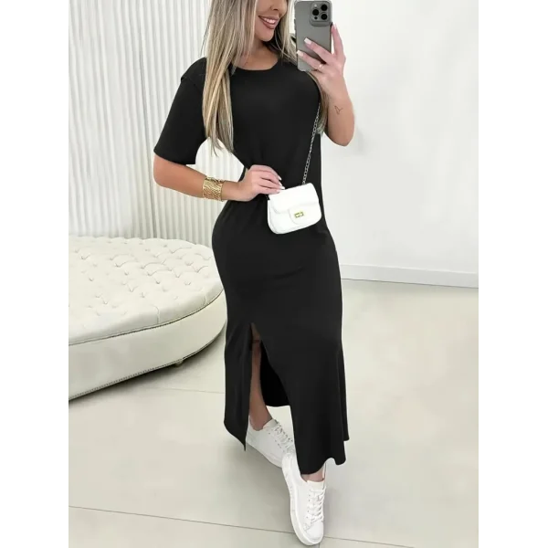 Kadın Kısa Kollu Bisiklet Yaka Yandan Yırtmaçlı Viskon Elbise