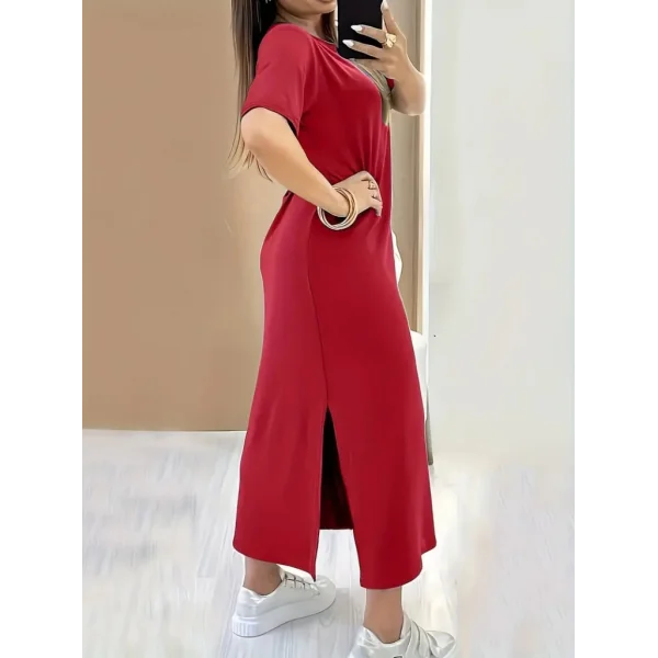 Kadın Kısa Kollu Bisiklet Yaka Yandan Yırtmaçlı Viskon Elbise