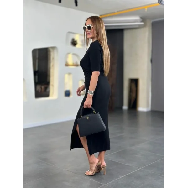 Kadın Kısa Kollu Bisiklet Yaka Yandan Yırtmaçlı Viskon Iki Iplik Elbise