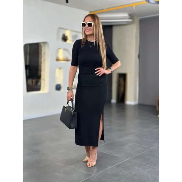 Kadın Kısa Kollu Bisiklet Yaka Yandan Yırtmaçlı Viskon Iki Iplik Elbise