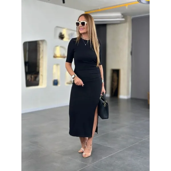 Kadın Kısa Kollu Bisiklet Yaka Yandan Yırtmaçlı Viskon Iki Iplik Elbise