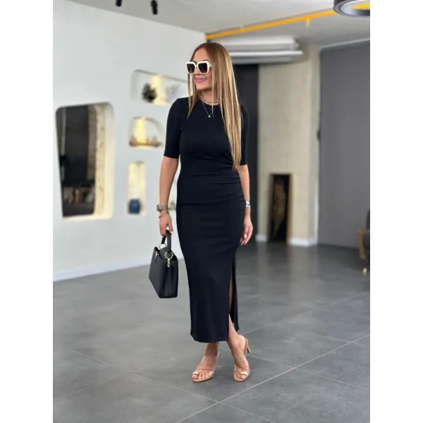 Kadın Kısa Kollu Bisiklet Yaka Yandan Yırtmaçlı Viskon Iki Iplik Elbise