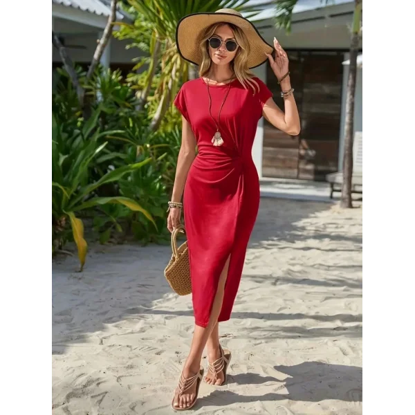 Kadın Kısa Kollu Bisiklet Yaka Yandan Yırtmaçlı Viskon Midi Elbise