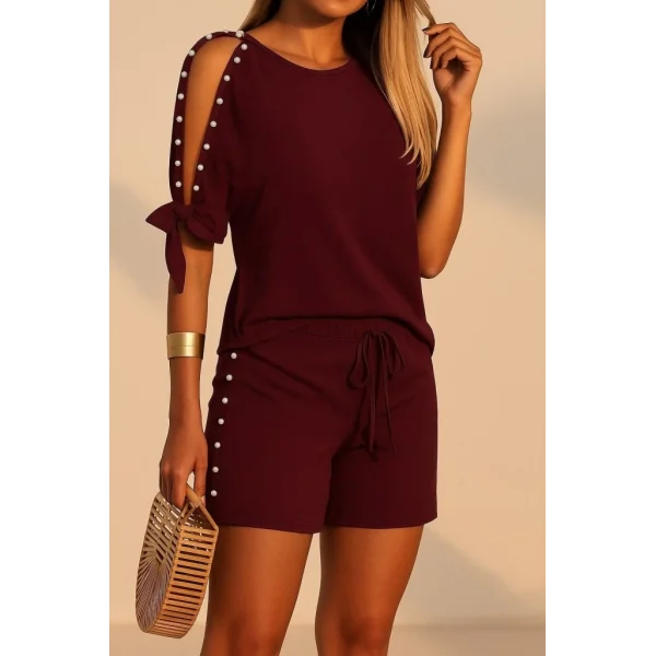 Kadın Kısa Kollu Bisiklet Yaka Yarı Açık Omuz Inci Detaylı Short T-shirt Viskon Ikili Takım