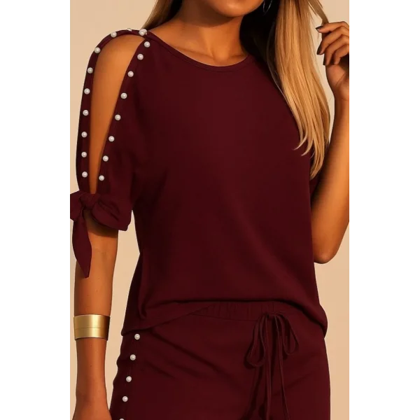 Kadın Kısa Kollu Bisiklet Yaka Yarı Açık Omuz Inci Detaylı Short T-shirt Viskon Ikili Takım