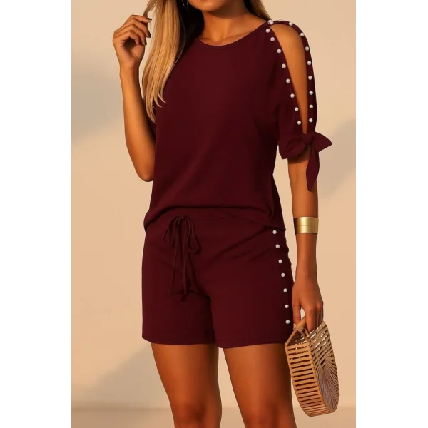 Kadın Kısa Kollu Bisiklet Yaka Yarı Açık Omuz Inci Detaylı Short T-shirt Viskon Ikili Takım