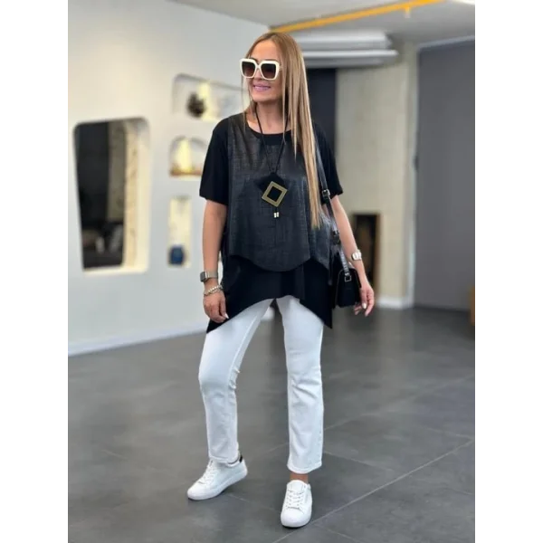 Kadın Kısa Kollu Bisiklet Yaka Yelek Bluz Asimetrik Kesim İkili Takım