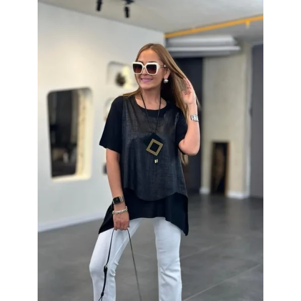 Kadın Kısa Kollu Bisiklet Yaka Yelek Bluz Asimetrik Kesim İkili Takım