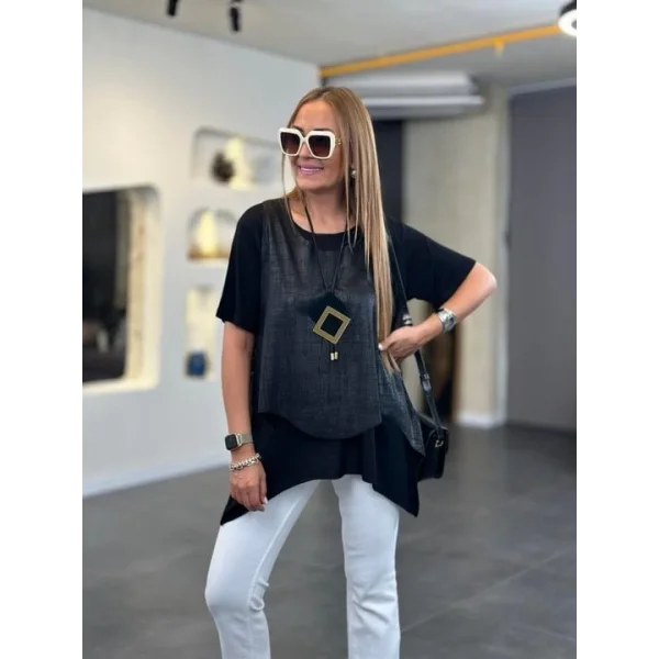 Kadın Kısa Kollu Bisiklet Yaka Yelek Bluz Asimetrik Kesim İkili Takım