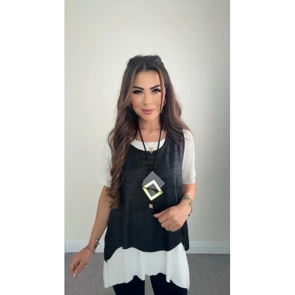 Kadın Kısa Kollu Bisiklet Yaka Yelek Bluz Asimetrik Kesim İkili Takım